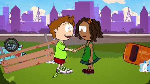 Der kleine Philosoph entschuldigt sich mit Handschlag bei einem Mädchen.