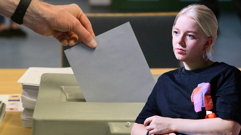 Collage: Mädchen vor Wahlurne, in die ein Brief eingeworfen wird