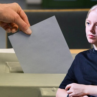 Collage: Mädchen vor Wahlurne, in die ein Brief eingeworfen wird