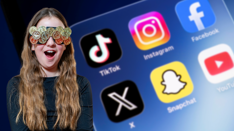 Im Vordergrund ein Mädchen mit Geldmünzen vor den Augen, im Hintergrund die Logos mehrerer Social-Media-Plattformen