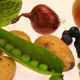 Nahaufnahme einer Erbsenschote mit anderem Gemüse und Obst. Welche Lebensmittel gehören zu einer gesunden Ernährung?