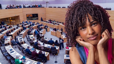 Mädchen mit aufgestütztem Kinn vor Plenarsaal Landtag