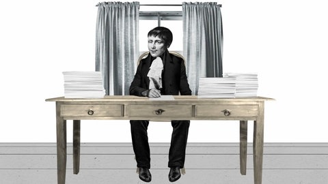 Der Dichter Heinrich von Kleist sitzt am Schreibtisch. Der Schriftsteller und Autor des Theaterstücks 