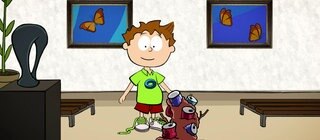 Der kleine Philosoph Knietzsche steht vor einem Kunstwerk, das aussieht wie ein Haufen Müll aus Getränkedosen.