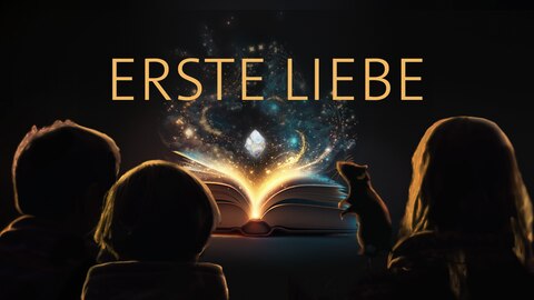Drei Kinder und eine Ratte sitzen vor einem leuchtenden Buch – darüber das Wort „Erste Liebe“: Der Podcast gibt Tipps für Verliebte