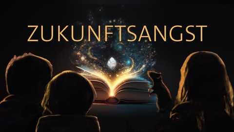 Drei Kinder und eine Ratte sitzen vor einem leuchtenden Buch – darüber das Wort „Zukunftsangst“: In dieser Folge des Podcast geht es um den Klimawandel