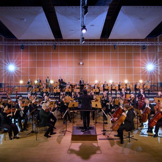 Ein Sinfonieorchester spielt in einem Probensaal. Jede Instrumentengruppe trägt zum Gesamtklang des Orchesters bei.