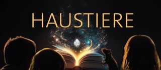 Drei Kinder und eine Ratte sitzen vor einem leuchtenden Buch – darüber das Wort „Haustiere“