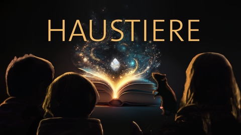 Drei Kinder und eine Ratte sitzen vor einem leuchtenden Buch – darüber das Wort „Haustiere“