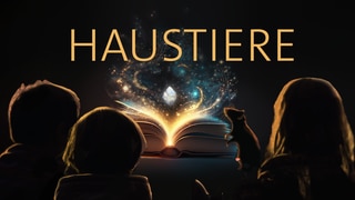 Drei Kinder und eine Ratte sitzen vor einem leuchtenden Buch – darüber das Wort „Haustiere“