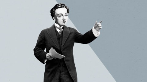 Der Student Georg Büchner spricht vor Zuhörern. Inspiriert von der Französischen Revolution prangert der Schriftsteller Ungerechtigkeiten an und geht als Dramatiker in die Literaturgeschichte ein.