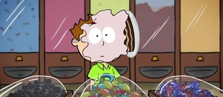 Der kleine Philosoph Knietzsche steht in einem Süßigkeitenladen und bekommt eine rosa Torte ins Gesicht geworfen.