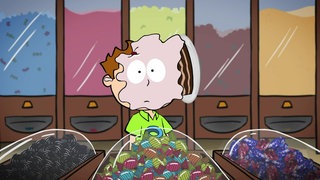 Der kleine Philosoph Knietzsche steht in einem Süßigkeitenladen und bekommt eine rosa Torte ins Gesicht geworfen.