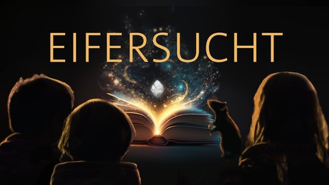 Drei Kinder und eine Ratte sitzen vor einem leuchtenden Buch – darüber das Wort „Eifersucht“: Ein Podcast zu Eifersucht unter Freunden und was Vertrauen bewirkt.