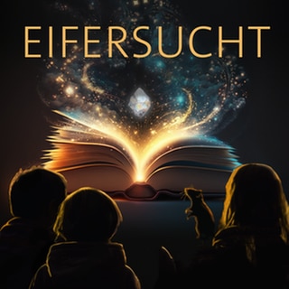 Drei Kinder und eine Ratte sitzen vor einem leuchtenden Buch – darüber das Wort „Eifersucht“: Ein Podcast zu Eifersucht unter Freunden und was Vertrauen bewirkt.