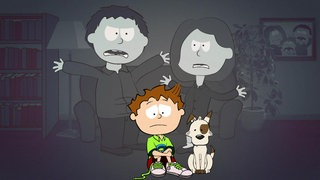 Knietzsche der kleinste Philosoph sitzt neben einem Hund und schaut traurig zu Boden, im Hintergrund streiten seine Eltern.