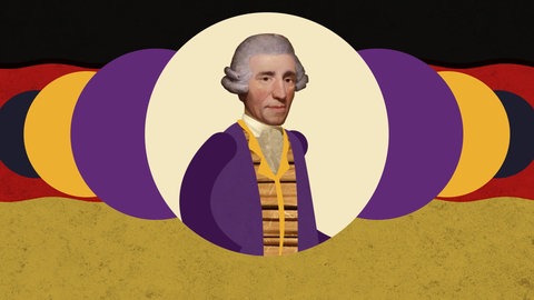 Grafik mit Joseph Haydn vor den Farben der Deutschlandfahne. Der Komponist der deutschen Nationalhymne gilt als Schöpfer der Wiener Klassik