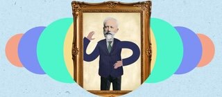 Grafik mit Porträt von Peter Tschaikowsky in einem Bilderrahmen. Der gefühlvollste russische Komponist wird durch Ballett-Kompositionen bekannt.