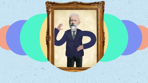 Grafik mit Porträt von Peter Tschaikowsky in einem Bilderrahmen. Der gefühlvollste russische Komponist wird durch Ballett-Kompositionen bekannt.