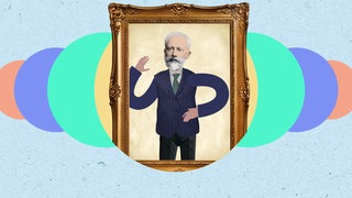 Grafik mit Porträt von Peter Tschaikowsky in einem Bilderrahmen. Der gefühlvollste russische Komponist wird durch Ballett-Kompositionen bekannt.