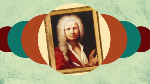 Grafik mit Porträt von Antonio Vivaldi mit Perücke. Er ist einer der wichtigsten Musiker des Barocks