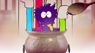 Der kleine Philosoph Knietzsche schaut aus einem Farbeimer, in den viele bunte Farben fließen. Knietzsche selbst ist lila angemalt.