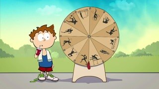Der kleine Philosoph Knietzsche steht vor einem Glücksrad, auf dem verschiedene Sportarten eingezeichnet sind.