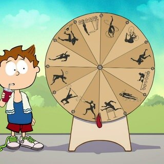 Der kleine Philosoph Knietzsche steht vor einem Glücksrad, auf dem verschiedene Sportarten eingezeichnet sind.