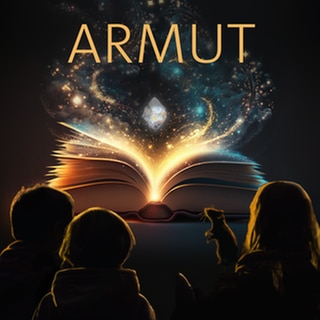 Drei Kinder und eine Ratte sitzen vor einem leuchtenden Buch – darüber das Wort „Armut“: Podcast für Grundschule zum Umgang mit Armut