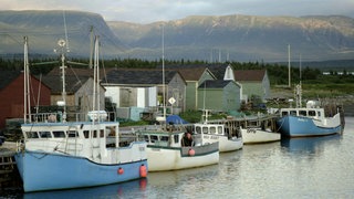 Fünf Kutter liegen vor einem kleinen Fischerdorf, in der Ferne sind Berge und Wälder zu erkennen.