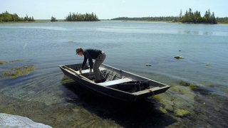 Eine Frau steht auf einem Ruderboot, das am Ufer eines großen Gewässers liegt.