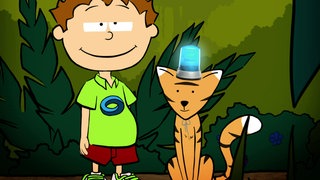 Der kleine Philosoph Knietzsche steht neben einem Tiger mit Alarmleuchte auf dem Kopf