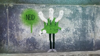 Eine Zeichnung des personifizierten Neids: eine Person mit drei Köpfen.