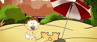 Der kleine Philosoph Knietzsche sitzt als Baby im Sandkasten und baut Sandburgen.