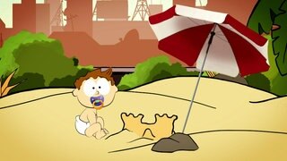 Der kleine Philosoph Knietzsche sitzt als Baby im Sandkasten und baut Sandburgen.