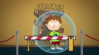 Der kleine Philosoph Knietzsche steht missmutig in einer großen, durchsichtigen Kugel. Hinter ihm eine mit Ketten und Brettern versperrte Tür, vor ihm eine weiß-rote Bahnschranke und eine rote Absperrung.