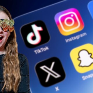 Im Vordergrund ein Mädchen mit Geldmünzen vor den Augen, im Hintergrund die Logos mehrerer Social-Media-Plattformen