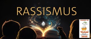 Drei Kinder und eine Ratte sitzen vor einem leuchtenden Buch – darüber das Wort „Rassismus“