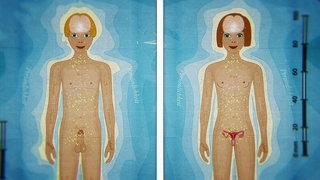 Animiert – Ein Junge und ein Mädchen sind zu sehen, ihre Geschlechtsorgane und das Hirn sind eingezeichnet. 