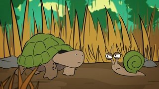 Mobbing: Eine Schnecke schaut eine Schildkröte böse an.