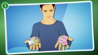 Animiert – Ein Junge hält in der einen Hand Geld und in der anderen Kondome. 