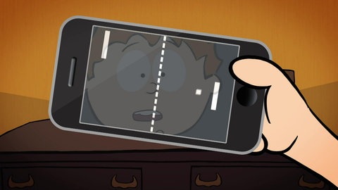 Der kleine Philosoph Knietzsche spielt Ping Pong am Handy.