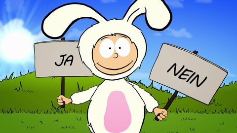 Der kleine Philosoph Knietzsche trägt ein weißes Hasenkostüm und hält ein "Ja" und ein "Nein" Schild in die Höhe.