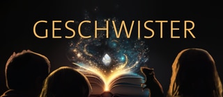 Drei Kinder und eine Ratte sitzen vor einem leuchtenden Buch – darüber das Wort „Geschwister“