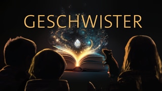 Drei Kinder und eine Ratte sitzen vor einem leuchtenden Buch – darüber das Wort „Geschwister“