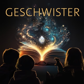 Drei Kinder und eine Ratte sitzen vor einem leuchtenden Buch – darüber das Wort „Geschwister“