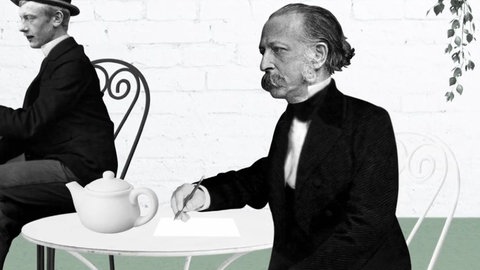 Schriftsteller Theodor Fontane sitzt in einem Café und schreibt. Der Autor des Romans 