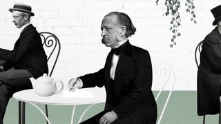 Schriftsteller Theodor Fontane sitzt in einem Café und schreibt. Der Autor des Romans "Effi Briest" der berühmteste realistische Erzähler des 19. Jahrhunderts.