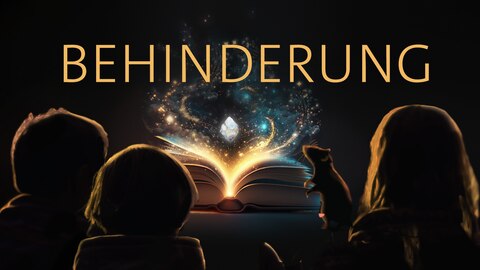 Drei Kinder und eine Ratte sitzen vor einem leuchtenden Buch – darüber das Wort „Behinderung“