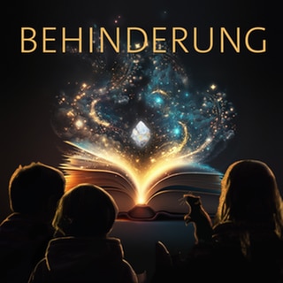 Drei Kinder und eine Ratte sitzen vor einem leuchtenden Buch – darüber das Wort „Behinderung“